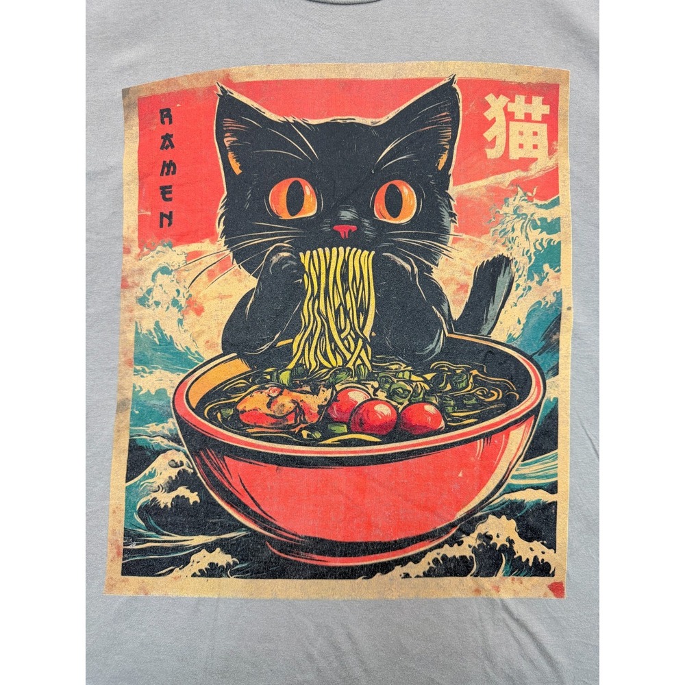 Port & Company Black Cat Ramen Graphic T Shirt Grey Anime Japanese Wave Mens 2XL - Picture 2 of 11